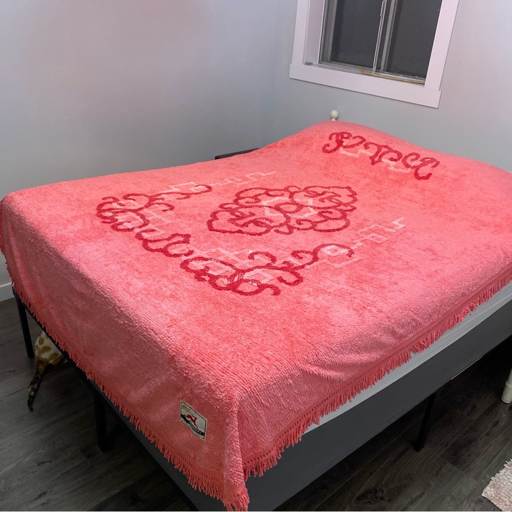 Vintage Chenille quilt coverlet blanket pink dusty rose Buddha face Shanghai - Picture 15 of 16